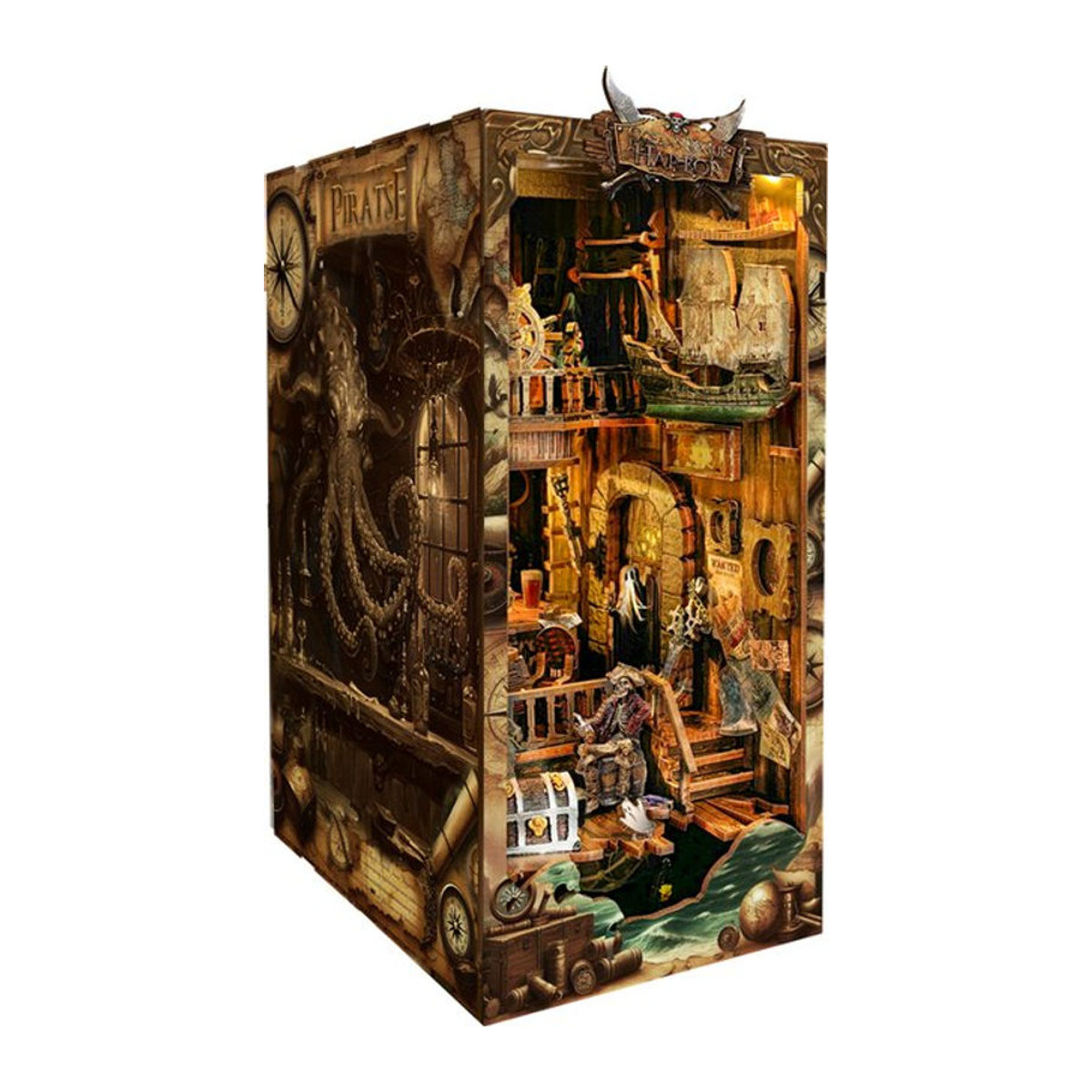 Tinamic DIY Buch Nook Regal Kit Neue Welt Piratenschiff aus Holz mit Licht in Braun als Miniatur Modell Kit und dekorative Buchstütze - Bild 1