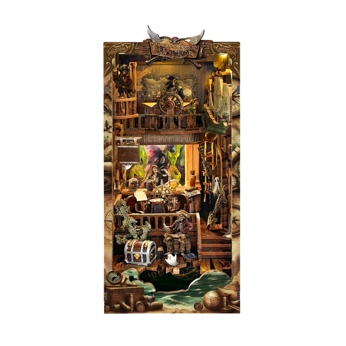 Tinamic DIY Buch Nook Regal Kit Neue Welt Piratenschiff aus Holz mit Licht in Braun als Miniatur Modell Kit und dekorative Buchstütze - Bild 2