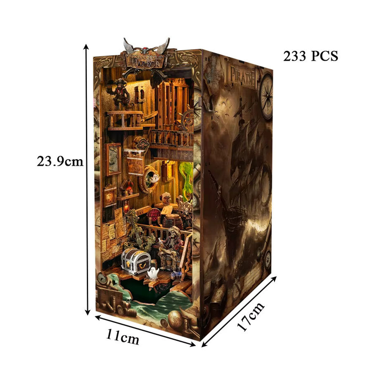Tinamic DIY Buch Nook Regal Kit Neue Welt Piratenschiff aus Holz mit Licht in Braun als Miniatur Modell Kit und dekorative Buchstütze - Bild 5