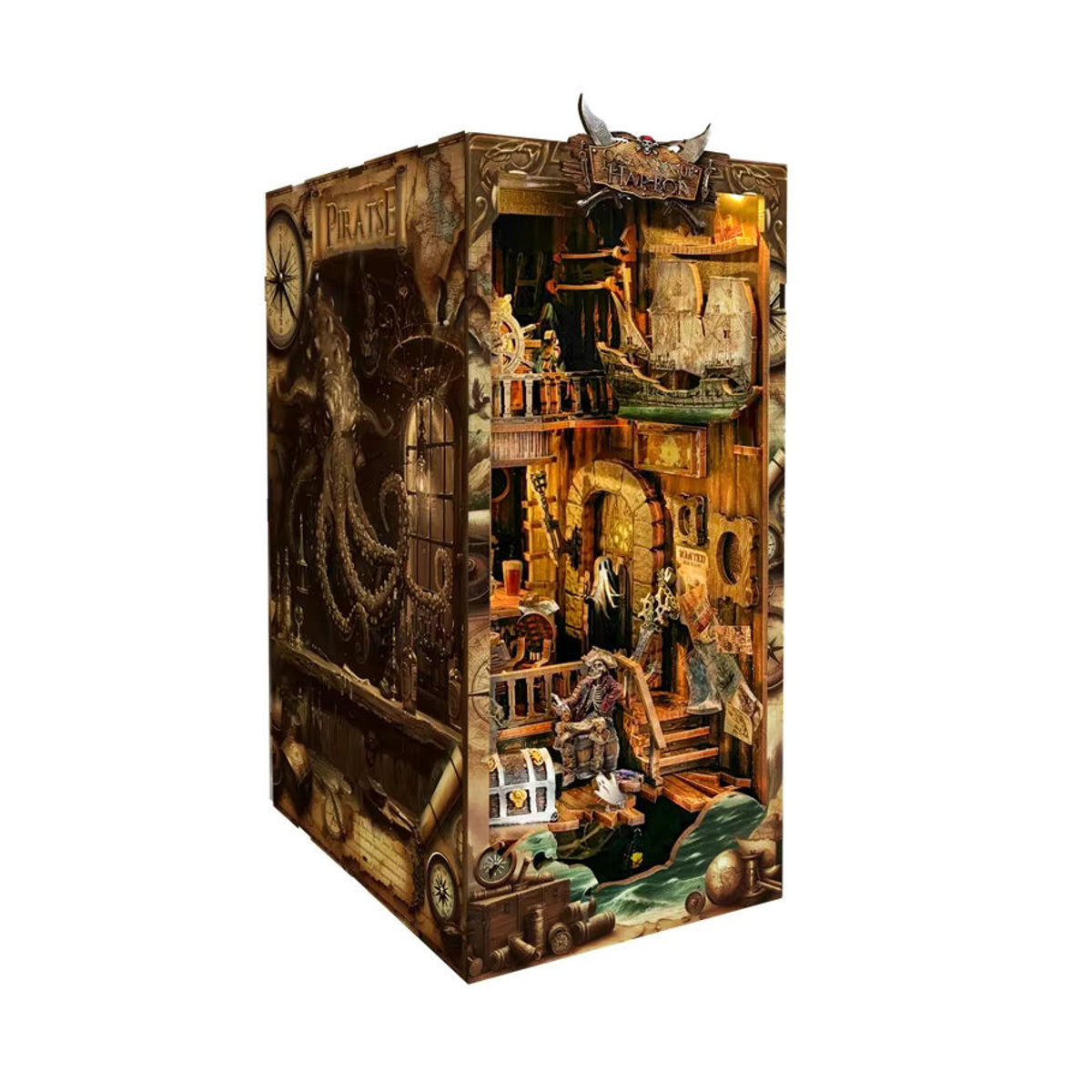 Tinamic DIY Buch Nook Regal Kit Neue Welt Piratenschiff aus Holz mit Licht in Braun als Miniatur Modell Kit und dekorative Buchstütze - Bild 6
