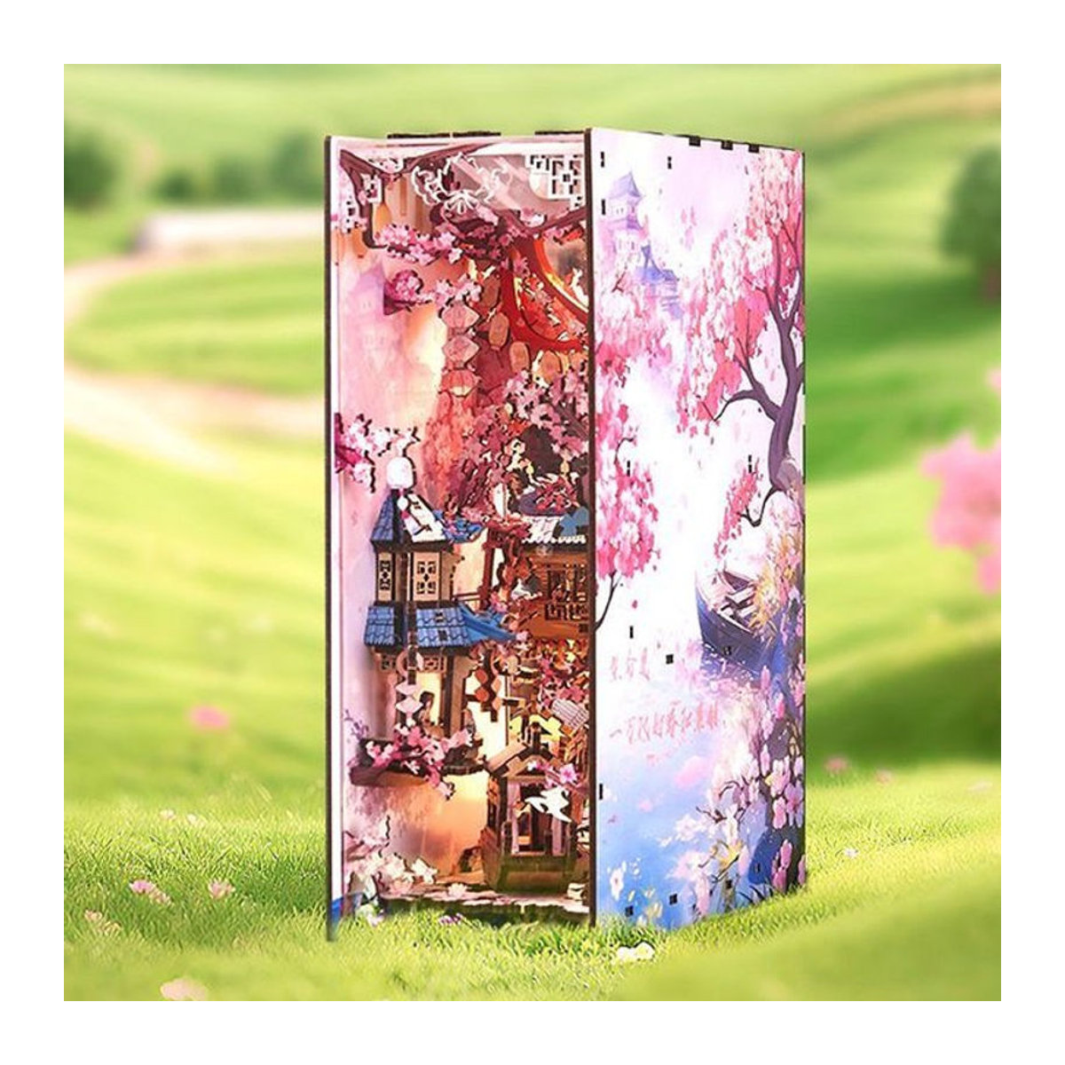 Tinamic DIY Buchecke Holz Miniatur Modellbausatz mit Kirschblüte als 3D Puzzle Buchstütze in Braun und Mehrfarbig - Bild 1