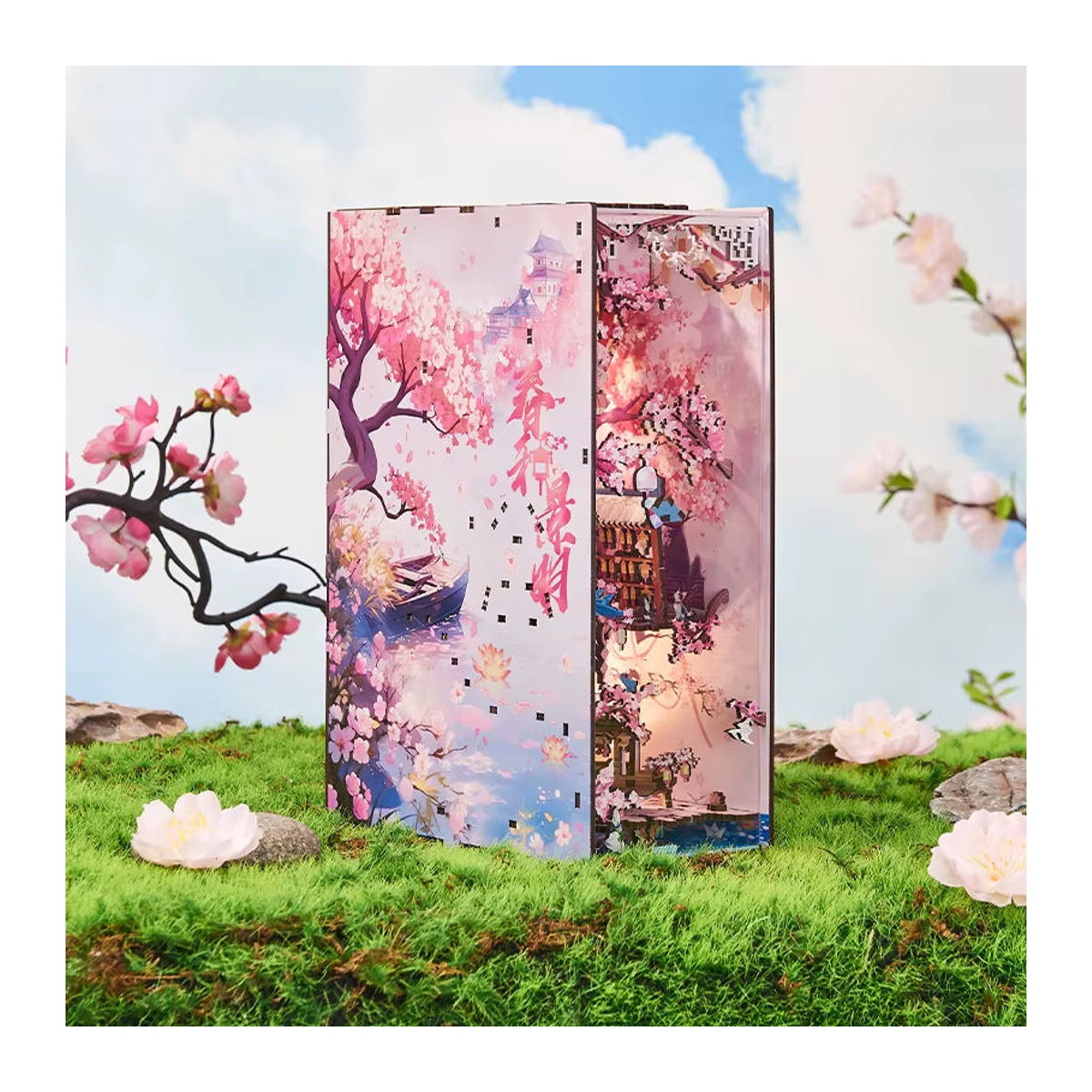 Tinamic DIY Buchecke Holz Miniatur Modellbausatz mit Kirschblüte als 3D Puzzle Buchstütze in Braun und Mehrfarbig - Bild 2