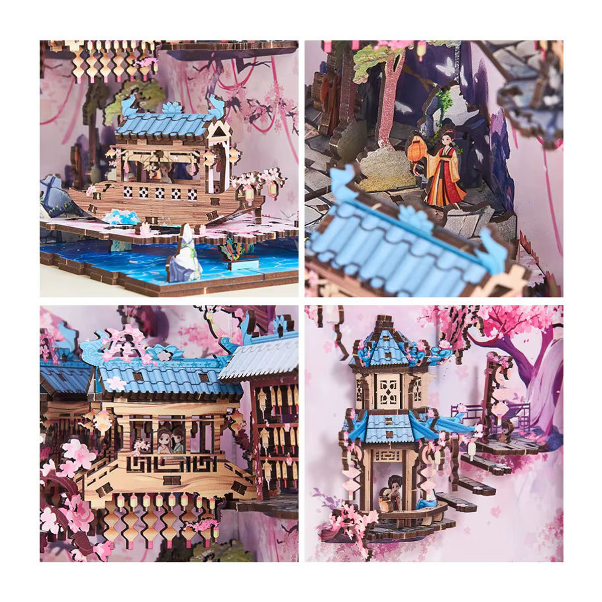 Tinamic DIY Buchecke Holz Miniatur Modellbausatz mit Kirschblüte als 3D Puzzle Buchstütze in Braun und Mehrfarbig - Bild 5