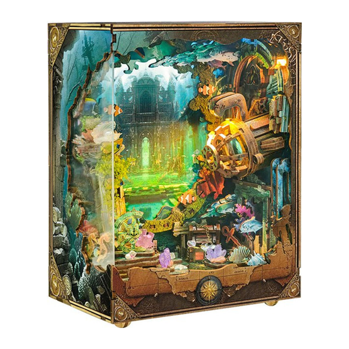 Tinamic DIY Buchecke Holz Miniatur Modellbausatz Unterwasserwelt 3D Puzzle mit Licht als mehrfarbige Buchstütze und Dekoration - Bild 1