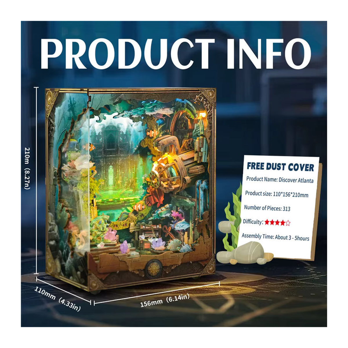 Tinamic DIY Buchecke Holz Miniatur Modellbausatz Unterwasserwelt 3D Puzzle mit Licht als mehrfarbige Buchstütze und Dekoration - Bild 6