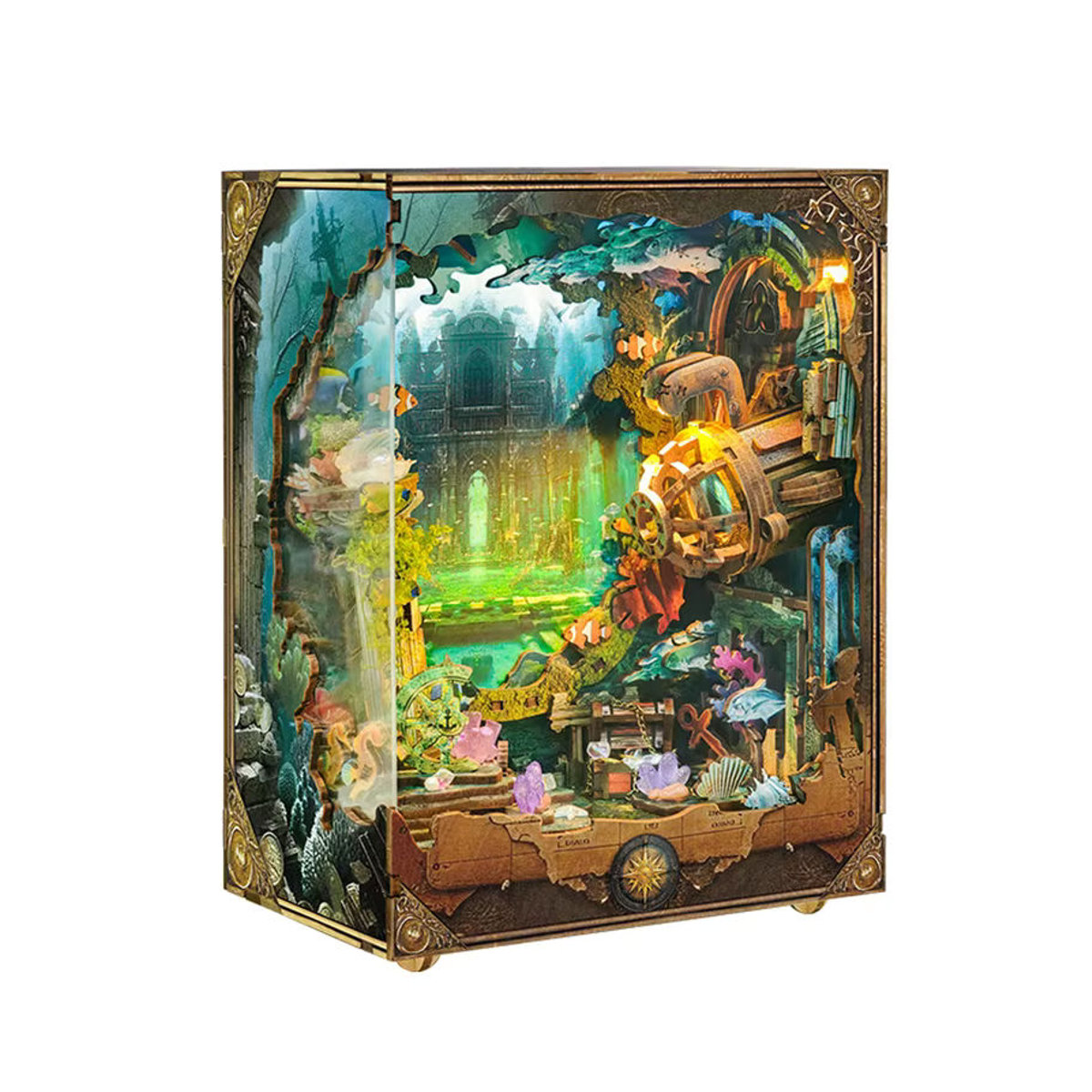 Tinamic DIY Buchecke Holz Miniatur Modellbausatz Unterwasserwelt 3D Puzzle mit Licht als mehrfarbige Buchstütze und Dekoration - Bild 7