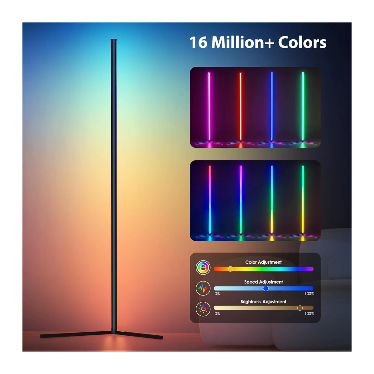 TINGMIAO Eck-Stehlampe mit RGB-LED, minimalistisches Design in Schwarz, steuerbar per App und Fernbedienung - Bild 2