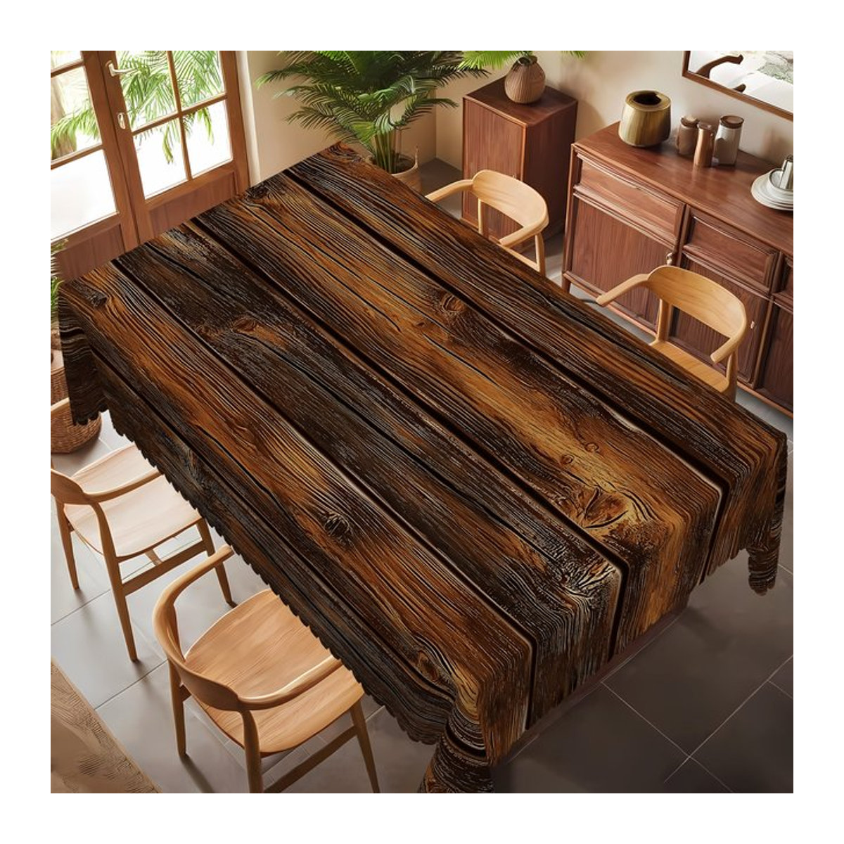 Tischdecke aus Polyester im Stämme-Stil mit Holzmaserung und gewelltem Rand in Braun - Bild 1
