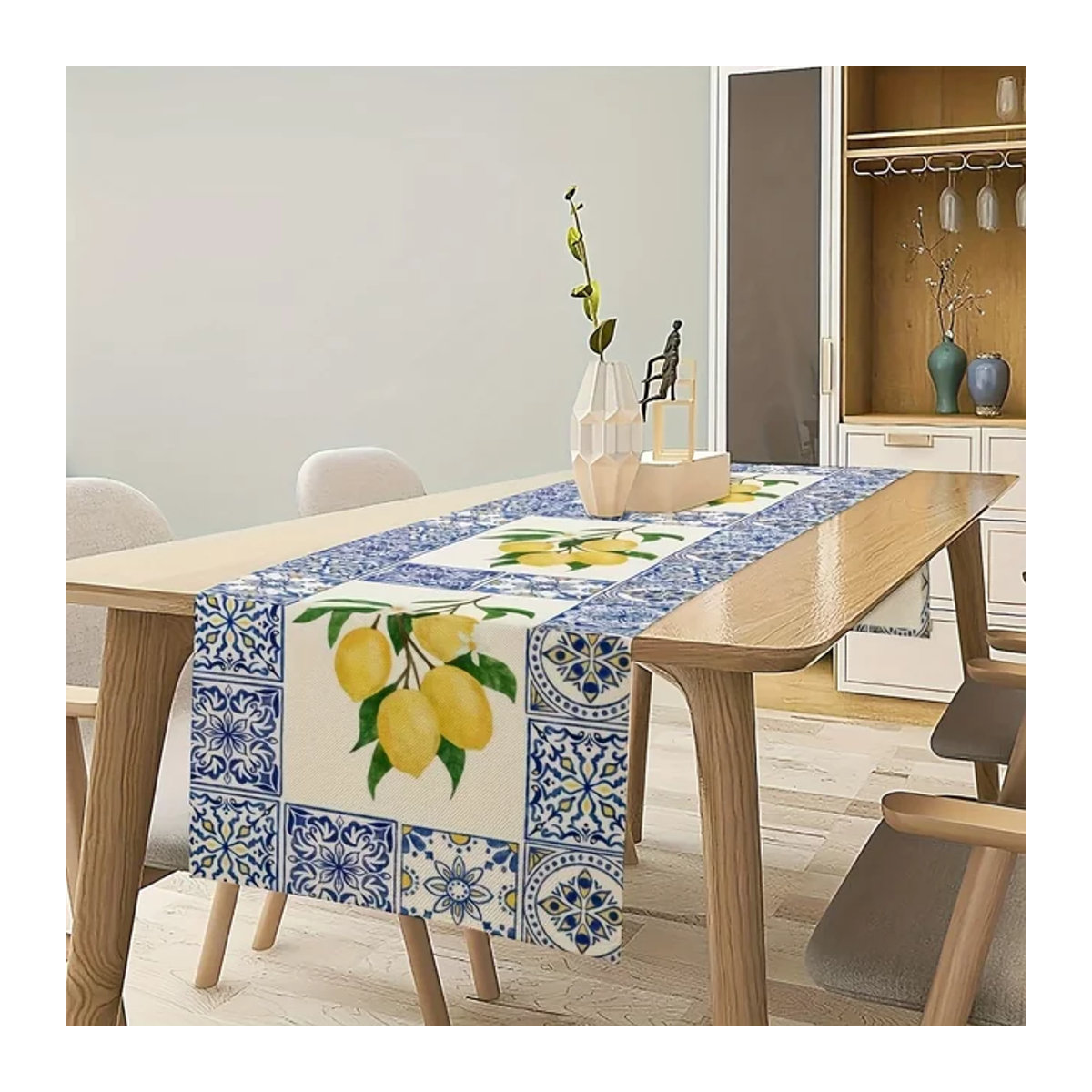 Tischläufer mit Zitronenmuster in Weiß für deine Tischdekoration im Landhausstil - Bild 1