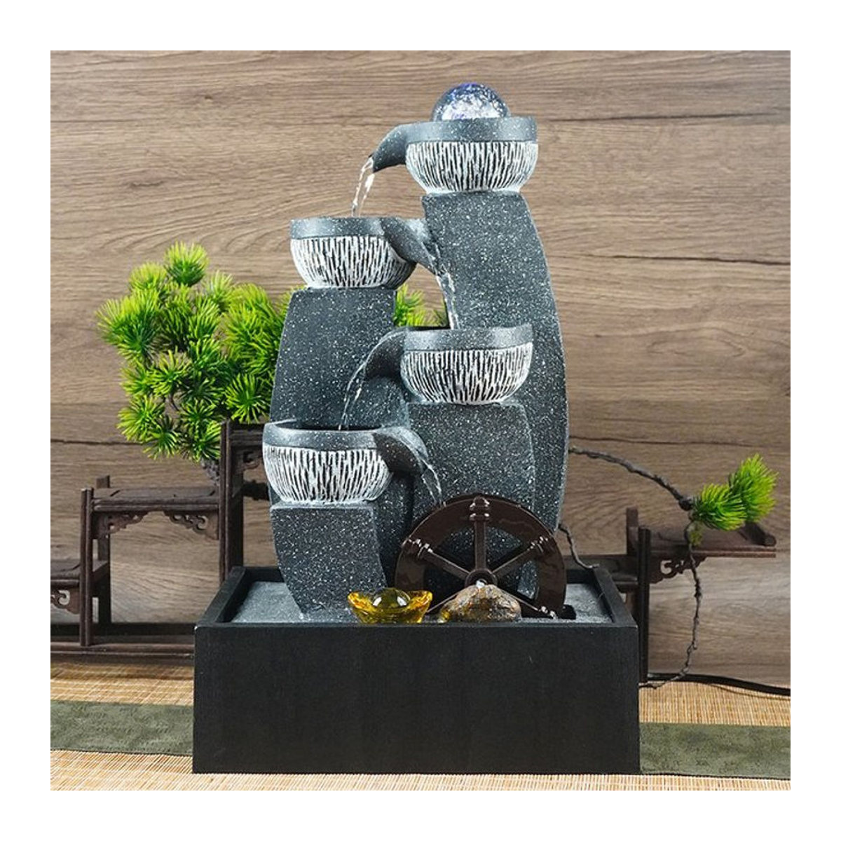 Tischwasserbrunnen mit Drehkugel und Kaskade in Grau aus Polyresin für Feng Shui und Bürodekoration - Bild 1