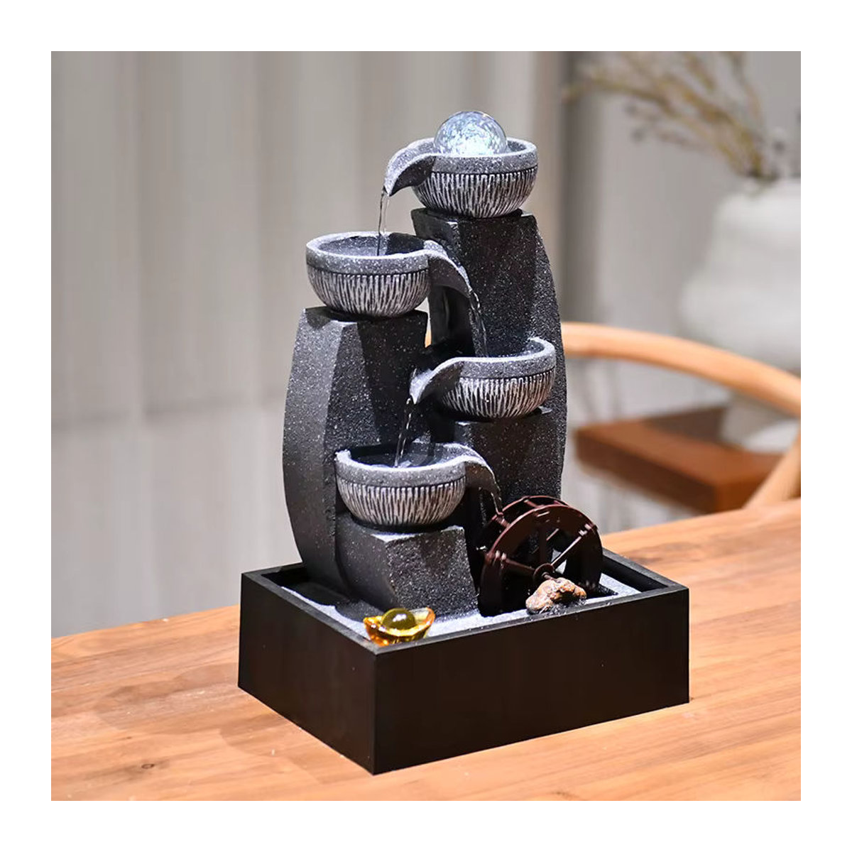 Tischwasserbrunnen mit Drehkugel und Kaskade in Grau aus Polyresin für Feng Shui und Bürodekoration - Bild 3