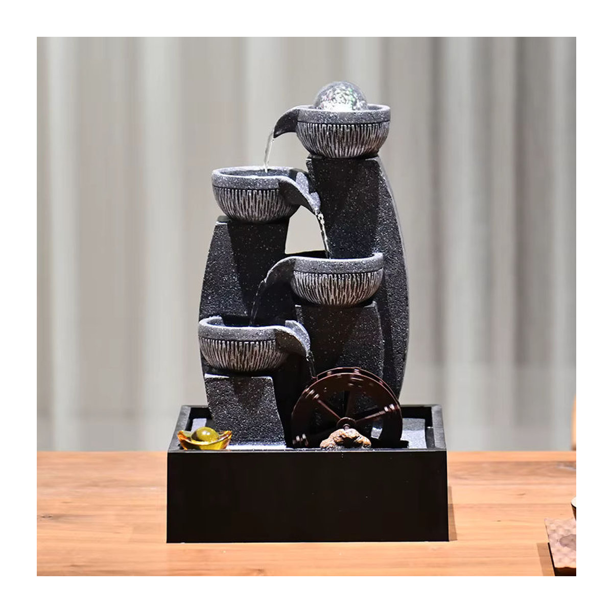 Tischwasserbrunnen mit Drehkugel und Kaskade in Grau aus Polyresin für Feng Shui und Bürodekoration - Bild 4