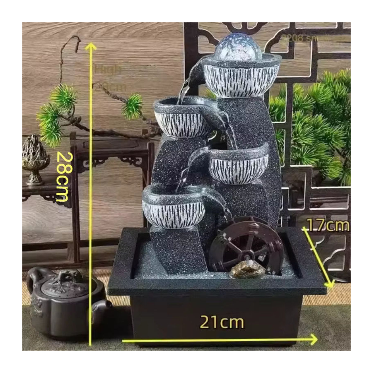 Tischwasserbrunnen mit Drehkugel und Kaskade in Grau aus Polyresin für Feng Shui und Bürodekoration - Bild 5