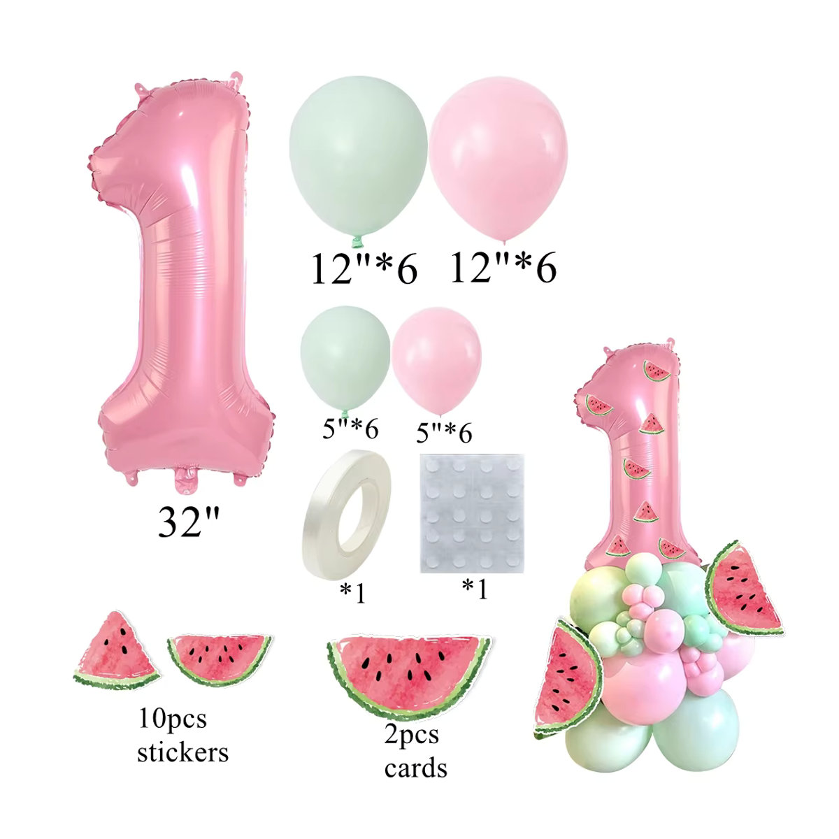 Tissy 39-teiliges Wassermelonen-Luftballon-Set in Rosa für Kindergeburtstage und Sommerpartys mit Zahlenballons und Turm-Dekoration - Bild 2