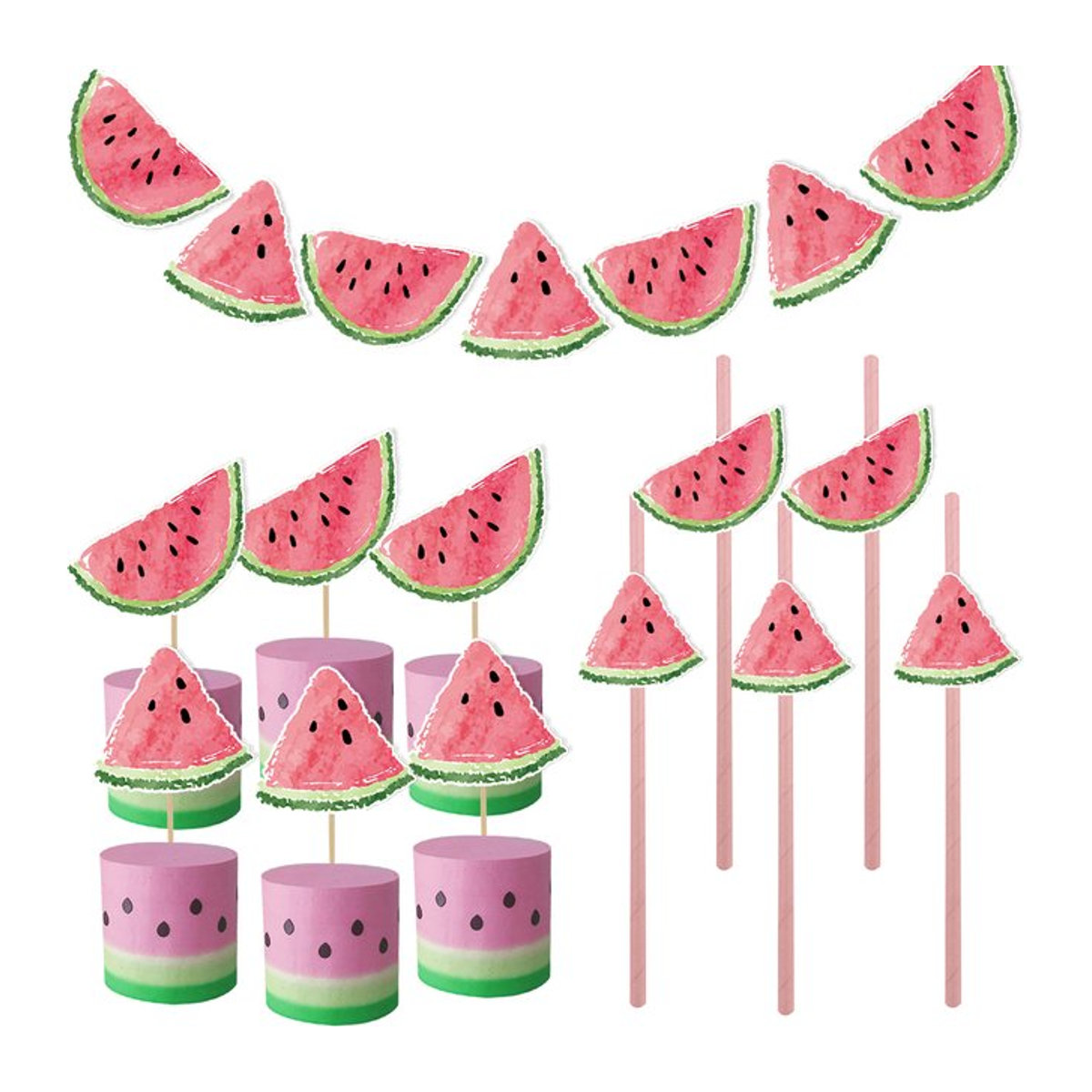 Tissy Wassermelone Party-Deko Set aus Papier mit Banner, Strohhalmen und Kuchen Topper in Mehrfarbig für Kindergeburtstage - Bild 1