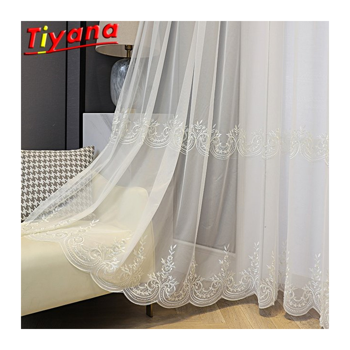 Tiyana Luxus Tüllvorhang mit Perlenstickerei in Weiß, Sheer Voile für Wohnzimmer und Balkon - Bild 1