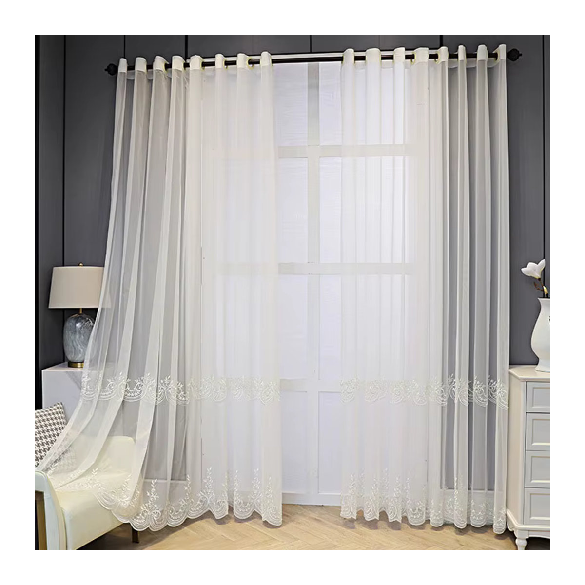 Tiyana Luxus Tüllvorhang mit Perlenstickerei in Weiß, Sheer Voile für Wohnzimmer und Balkon - Bild 2