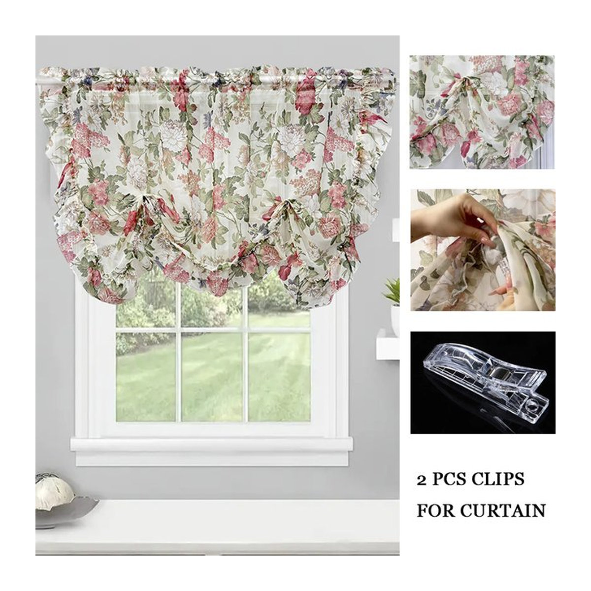 Tiyana Transparente Voile-Vorhänge mit rustikalem Blumenmuster in Mehrfarbig, Lichtfilter-Fenstervorhänge mit Taschendesign und Clips für Küche, Badezimmer oder Café - Bild 1