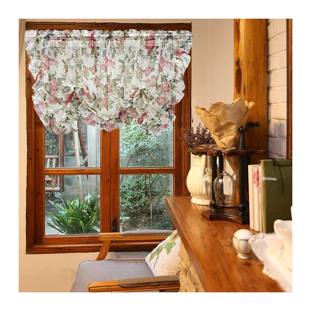 Tiyana Transparente Voile-Vorhänge mit rustikalem Blumenmuster in Mehrfarbig, Lichtfilter-Fenstervorhänge mit Taschendesign und Clips für Küche, Badezimmer oder Café - Bild 2