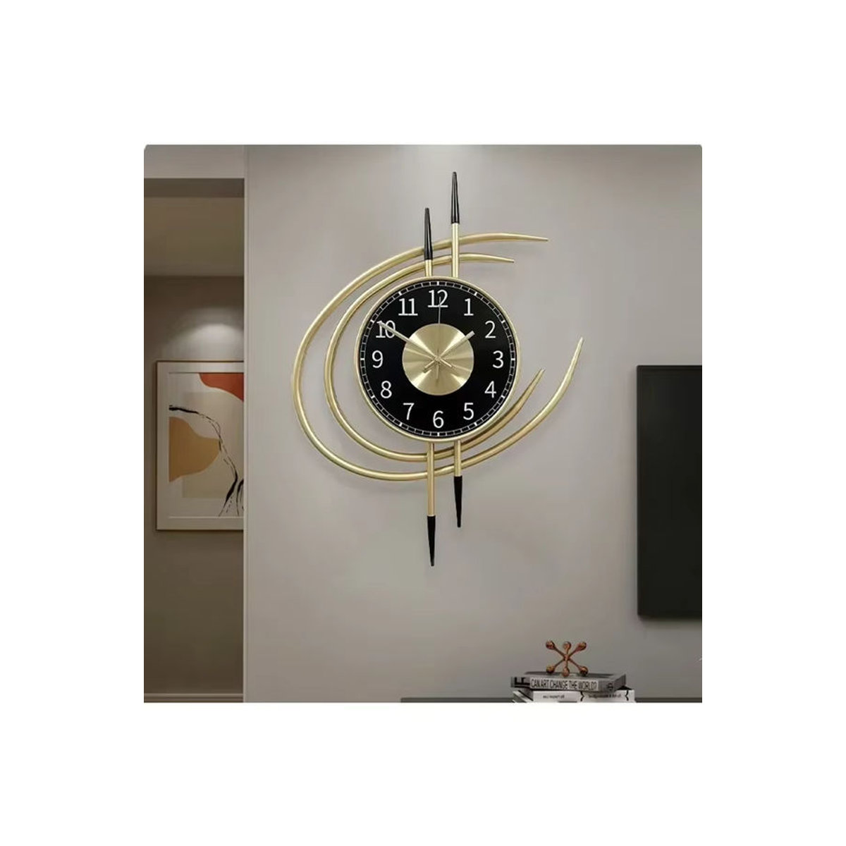 Tkuleda Storm Eye Moderne Wanduhr aus Metall, Geräuschlose Analoge Wanduhr in Schwarz und Gold, Geometrisches Design, Durchmesser: 54 cm - Bild 2