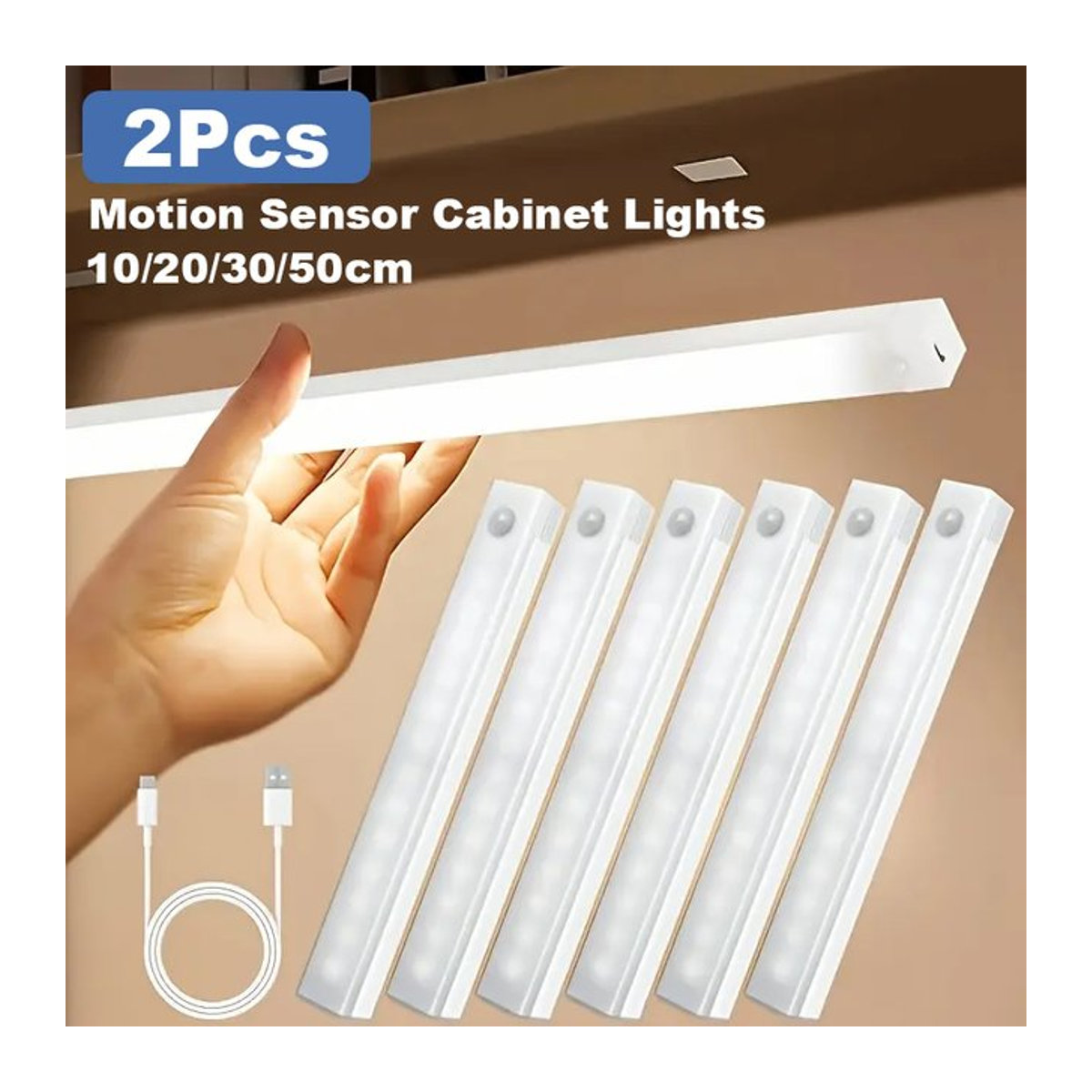TLEDMP 2 Stück intelligente LED-Sensorleuchten in Weiß, warmweiß, USB wiederaufladbare Möbelbeleuchtung für Schränke, Küchen und Treppen - Bild 1