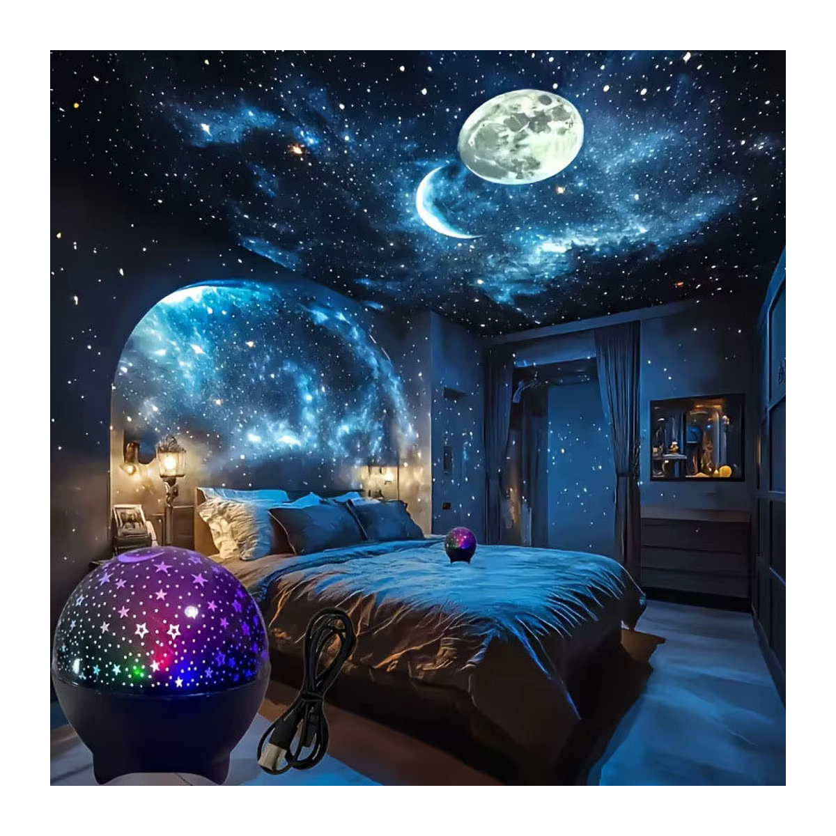 TLEDMP Bunte Mond-Stern-Projektor Tischlampe mit 360 Grad Rotation und USB-Anschluss für Kinder und Schlafzimmer - Bild 3