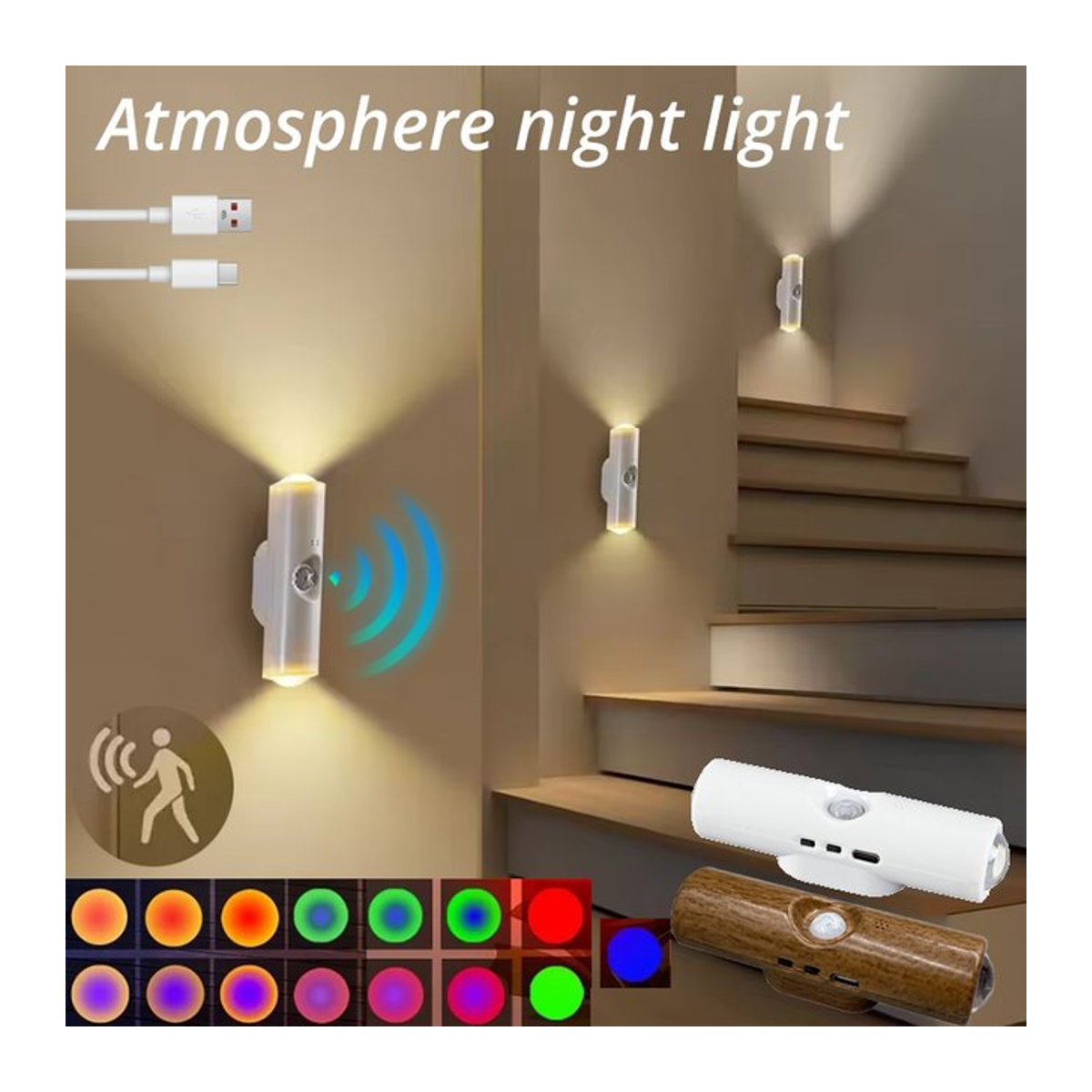 TLEDMP RGB LED Nachtlicht mit Doppelkopf und Bewegungsmelder, Magnetische Sonnenuntergang Licht Atmosphäre Beleuchtung für Schrank und Schlafzimmer, Weiß und Bunt - Bild 1