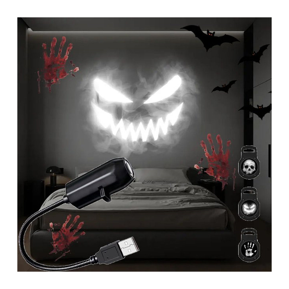 TLEDMP Totenkopf-Projektionslampe mit LED und USB-Anschluss in Schwarz für Halloween-Atmosphäre mit 360 Grad Drehung und umschaltbaren Mustern - Bild 1