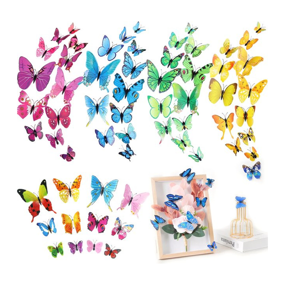 TMZ 12er Set 3D Schmetterling Aufkleber mit Magnet und doppelseitigem Klebeband in Rot und Mehrfarbig zur DIY Wand- und Kühlschrankdekoration - Bild 1