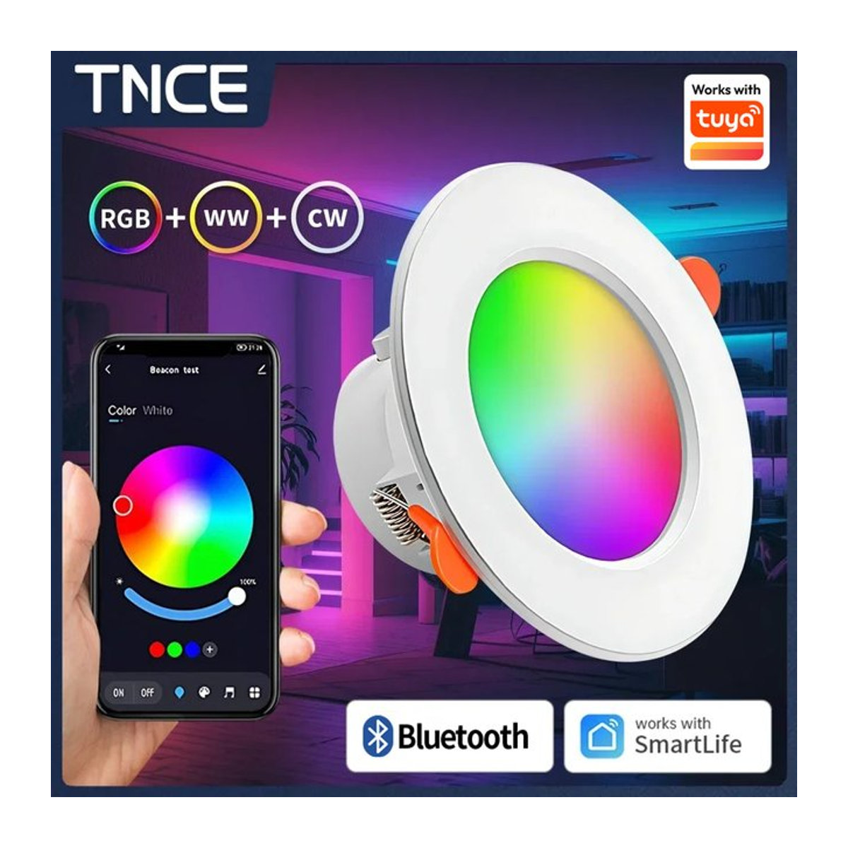 TNCE Smart LED Deckenlampe RGB mit Bluetooth und Tuya App Steuerung, dimmbares Rund-Downlight in Bunt, 15W - Bild 1