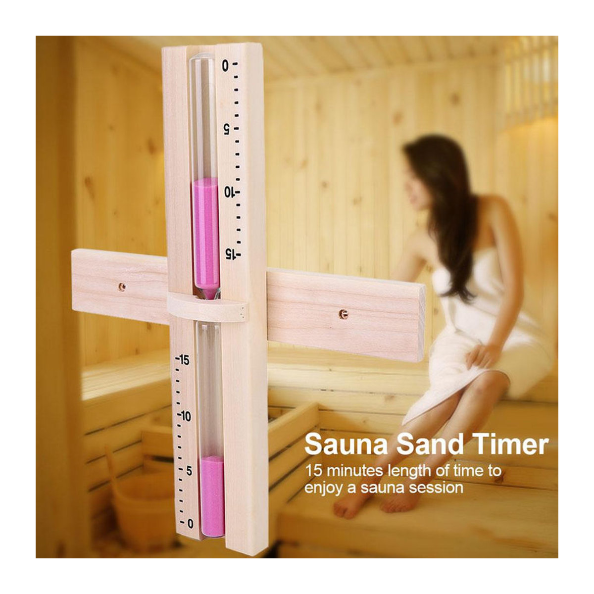 Tooarts Sanduhr Timer für die Sauna mit 15 Minuten Laufzeit aus Holz und Glas in Braun mit rosa Sand zur Wandmontage - Bild 2