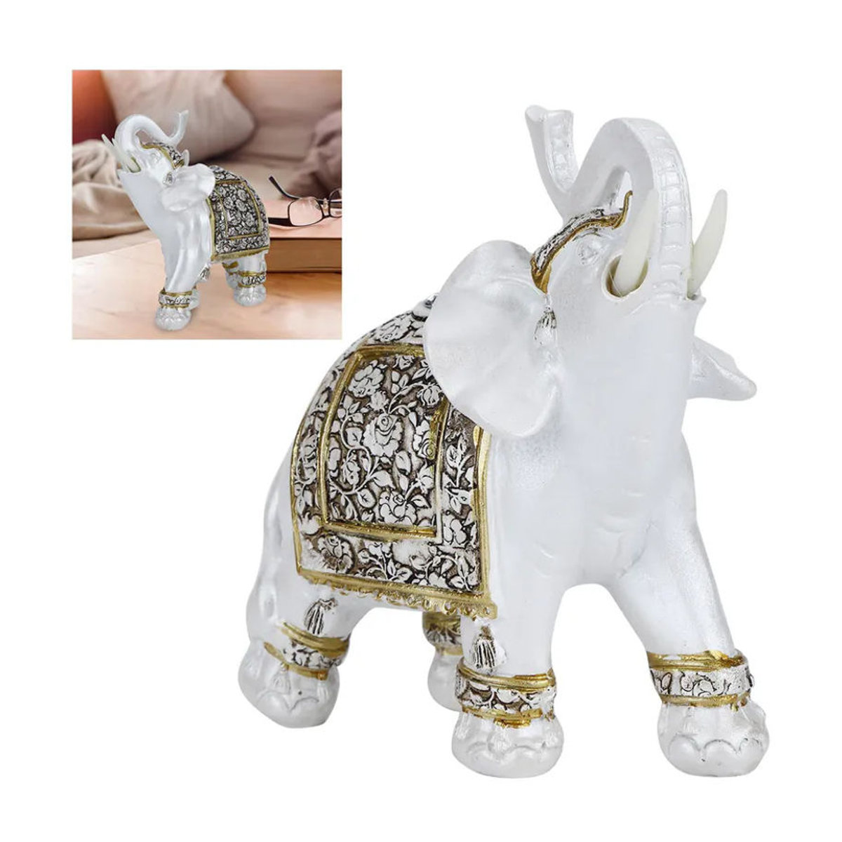 Tooarts Tierfigur aus Kunstharz in Gold und Weiß mit floralem Design als orientalische Dekoration - Bild 5
