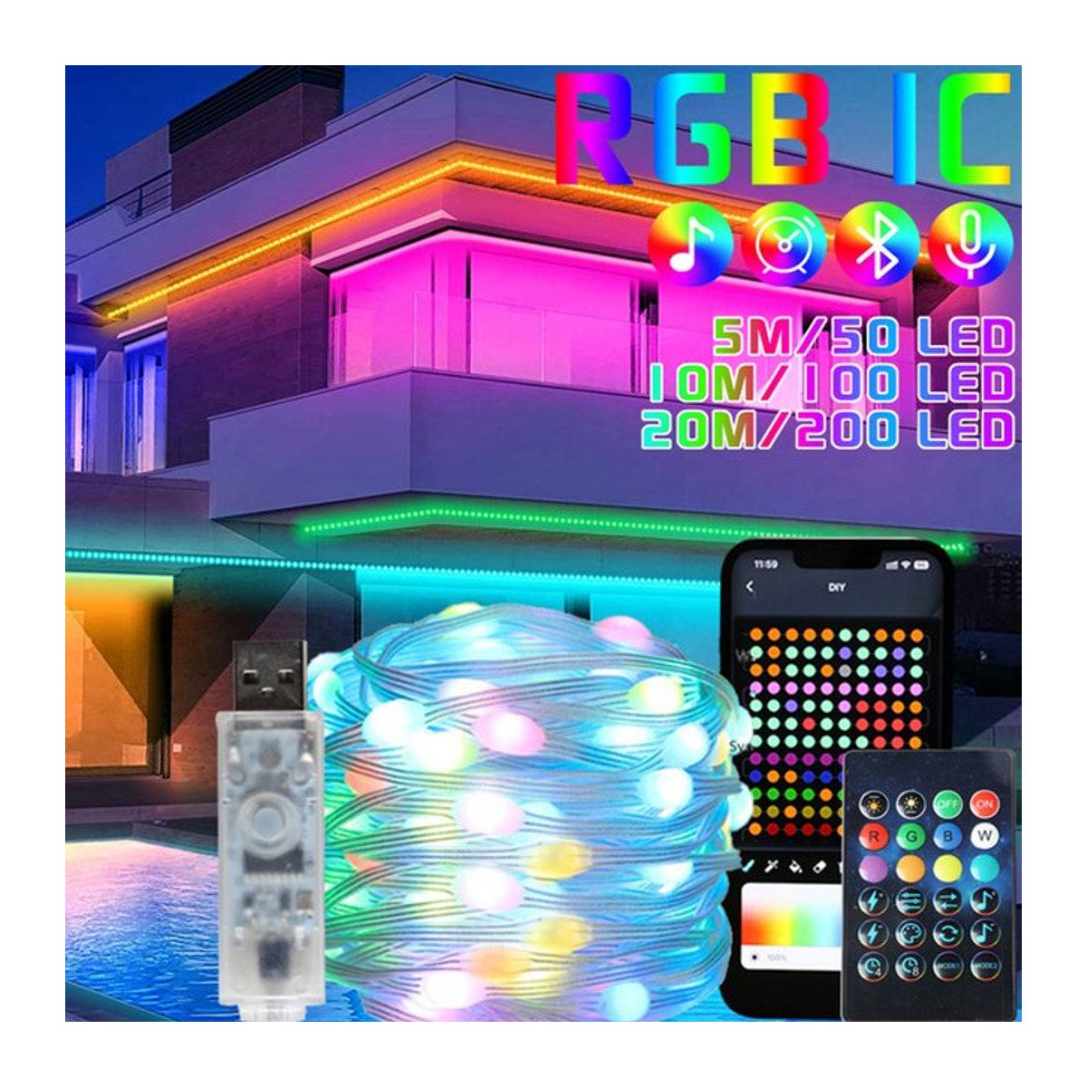 Topdii RGB LED Lichterkette 10m Bunt mit App-Steuerung und Bluetooth via USB für Innen und Außen - Bild 1