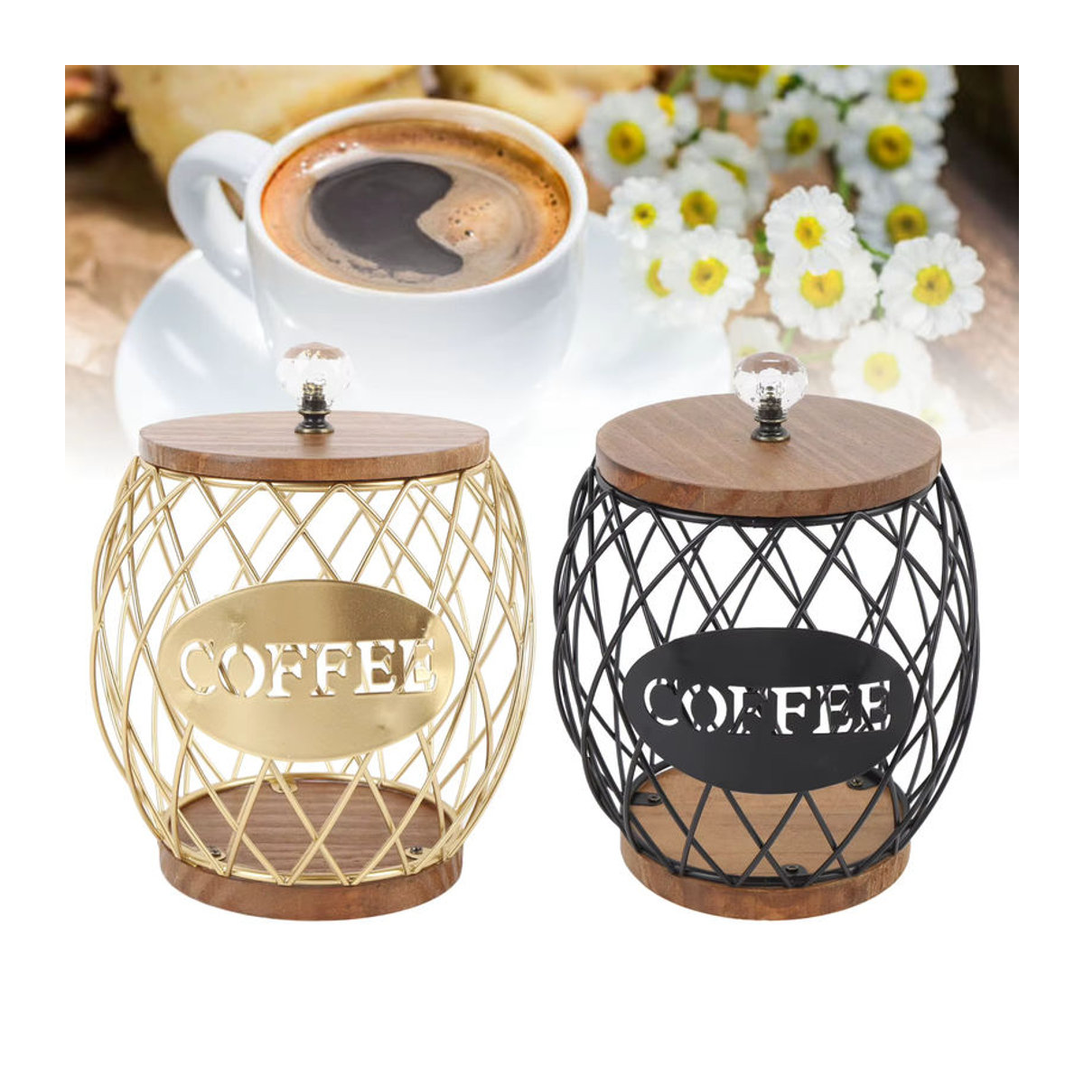 TOPINCN Kaffeekapsel-Box mit Holzsockel und Metall-Halterung in Gold und Mehrfarbig - Bild 2