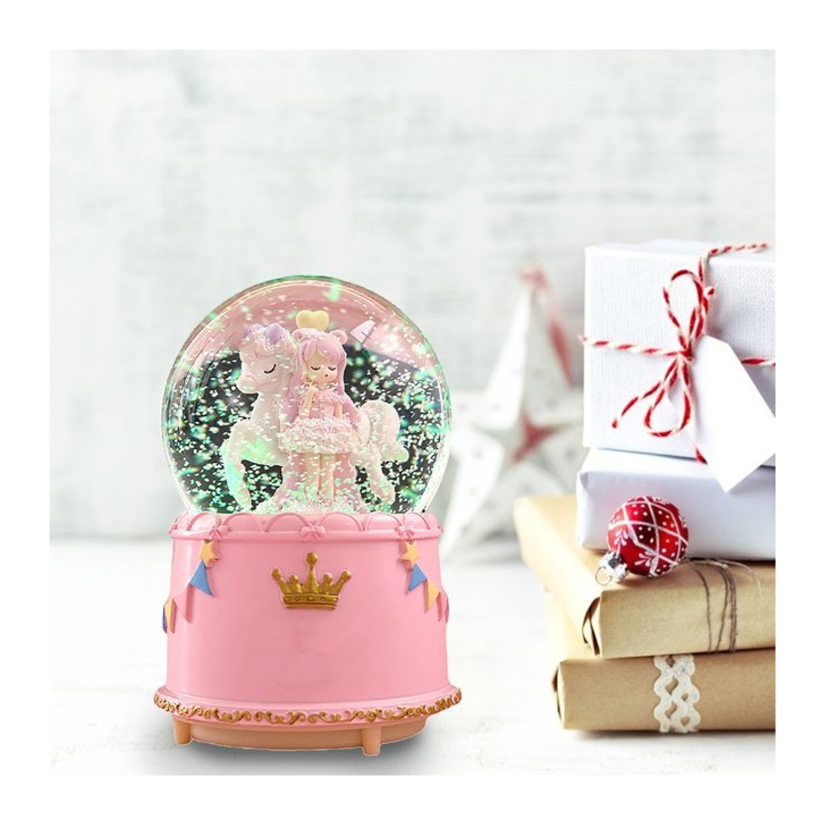 TOPINCN Kristallkugel-Spieluhr mit Winterlandschaft und Schneeflocken in Rosa - Bild 1