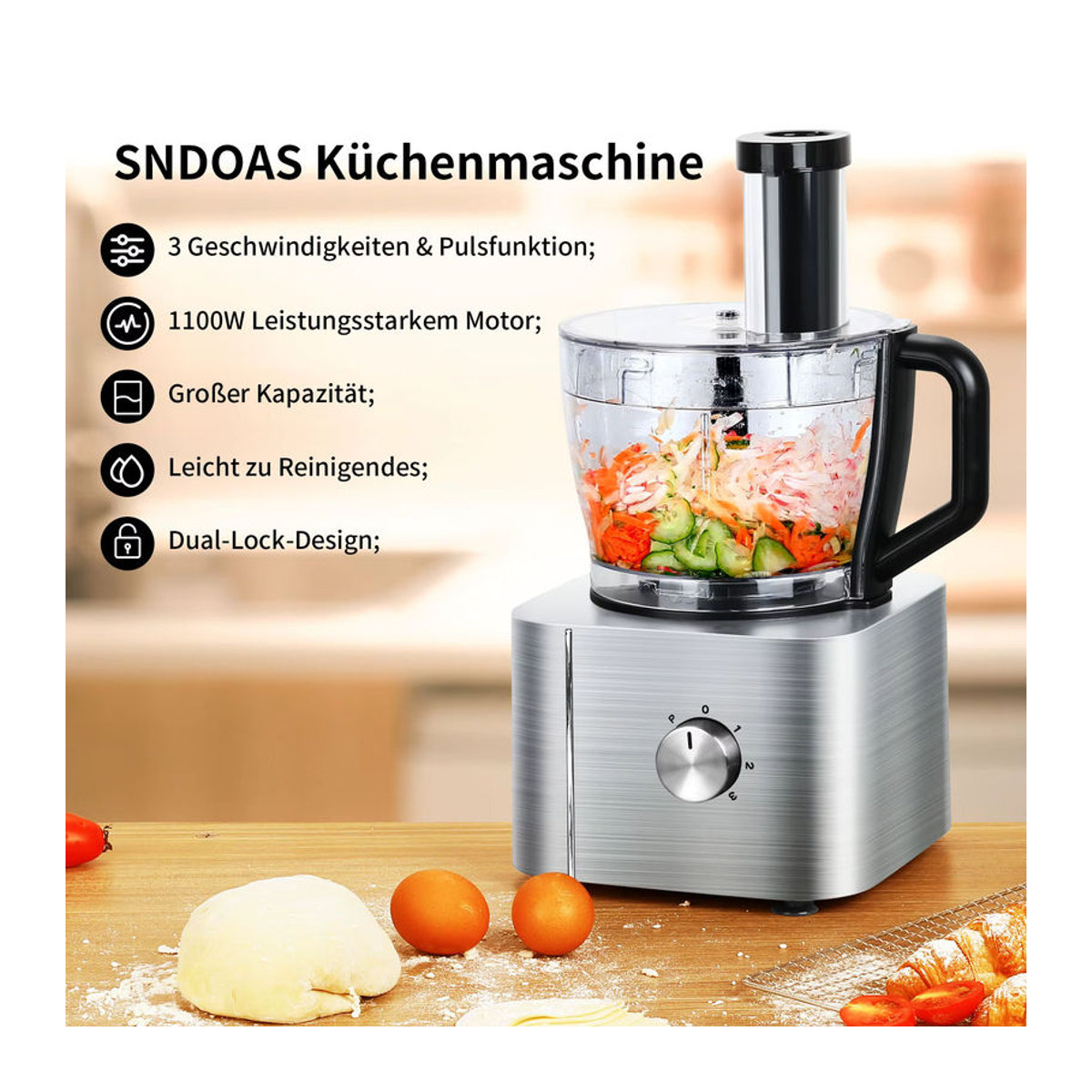 TopStrong Pro Kitchen System 11-in-1 Multifunktions-Küchenmaschine mit 1100 W, 3,2 l Schüssel und 1,5 l Mixer, Silber, Modern - Bild 2