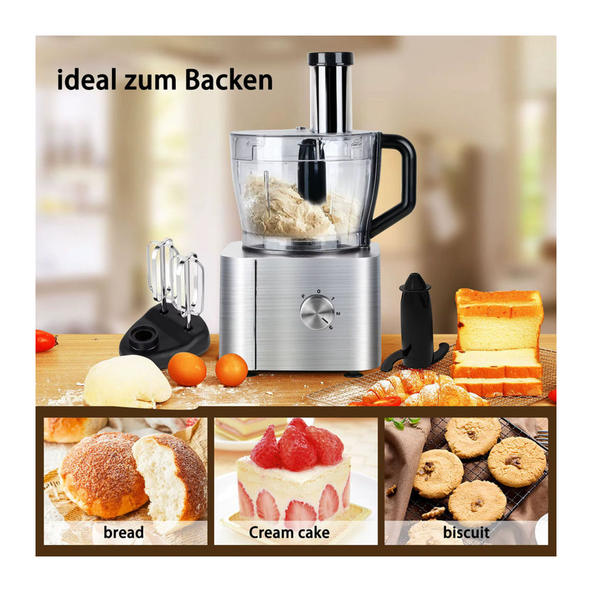 TopStrong Pro Kitchen System 11-in-1 Multifunktions-Küchenmaschine mit 1100 W, 3,2 l Schüssel und 1,5 l Mixer, Silber, Modern - Bild 4