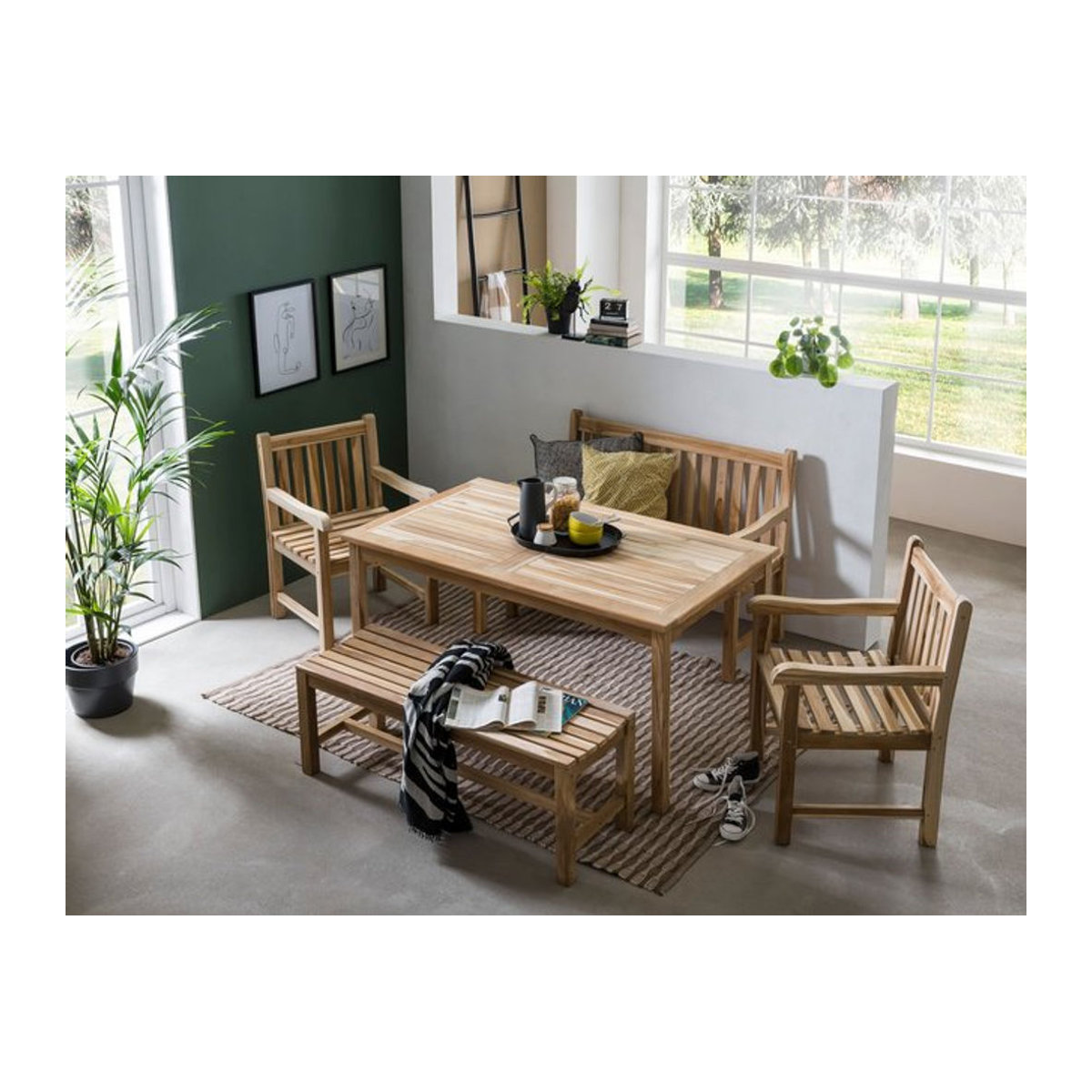 TPFGarden Sitzgruppe TEAKA aus Teakholz in Natur: Gartenmöbel-Set im skandinavischen Design mit 2 Armlehnstühlen, 2 Bänken und 1 Tisch - Bild 1