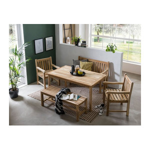 TPFGarden Sitzgruppe TEAKA aus Teakholz in Natur: Gartenmöbel-Set im skandinavischen Design mit 2 Armlehnstühlen, 2 Bänken und 1 Tisch
