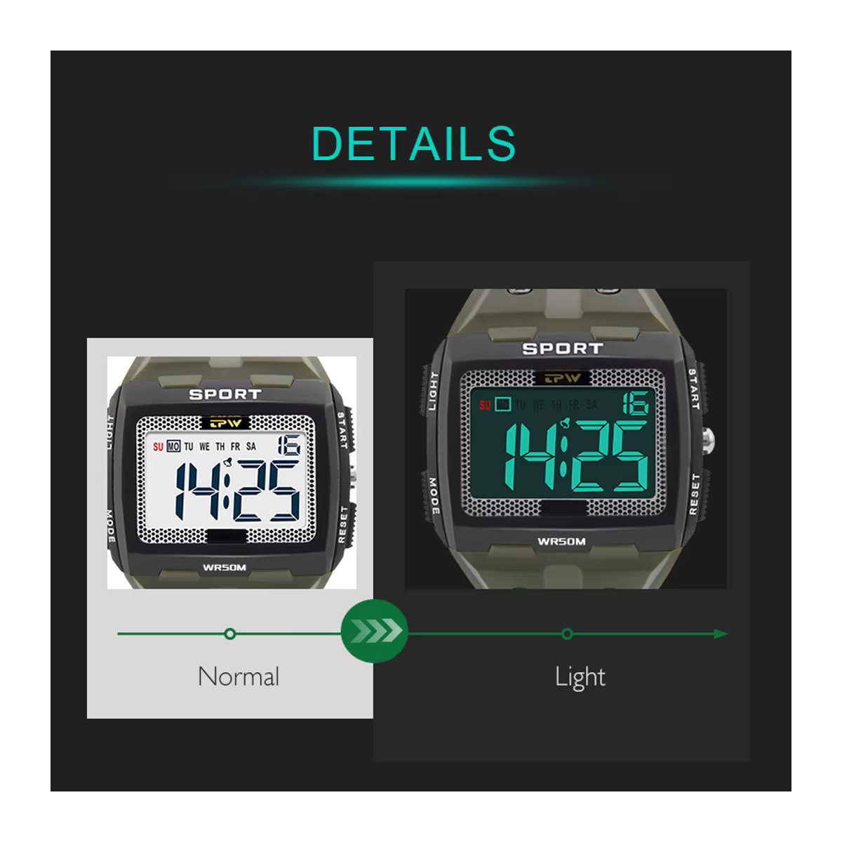 TPW Digitaluhr in geometrischem Design mit großen Zahlen, wasserdicht nach 5 ATM, rechteckig, in Schwarz oder Silber - Bild 5