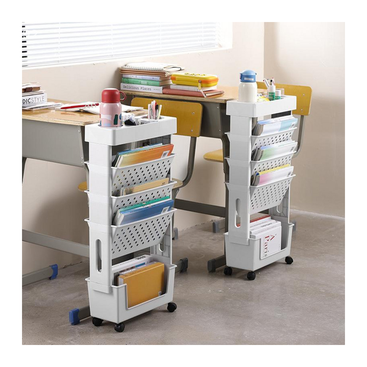 TPXCKz Bücherregal mit 5 Ebenen aus Kunststoff, Rollbar und Abnehmbar, Rosa/Weiß - Bild 1