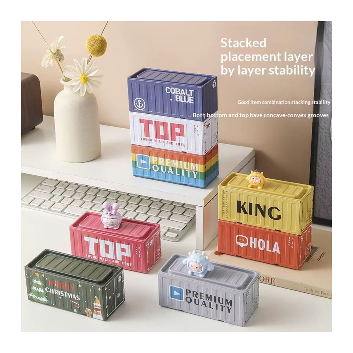 TPXCKz Mini-Container aus Metall im Vintage-Stil, stapelbarer Desktop-Organizer und dekoratives Miniaturmodell in Blau und Mehrfarbig - Bild 3