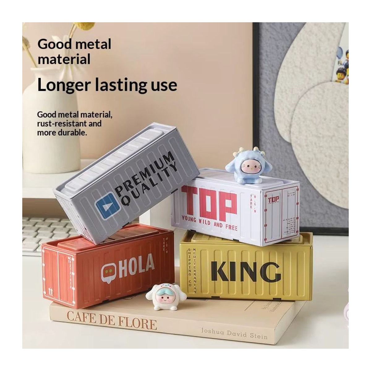 TPXCKz Mini-Container aus Metall im Vintage-Stil, stapelbarer Desktop-Organizer und dekoratives Miniaturmodell in Blau und Mehrfarbig - Bild 5