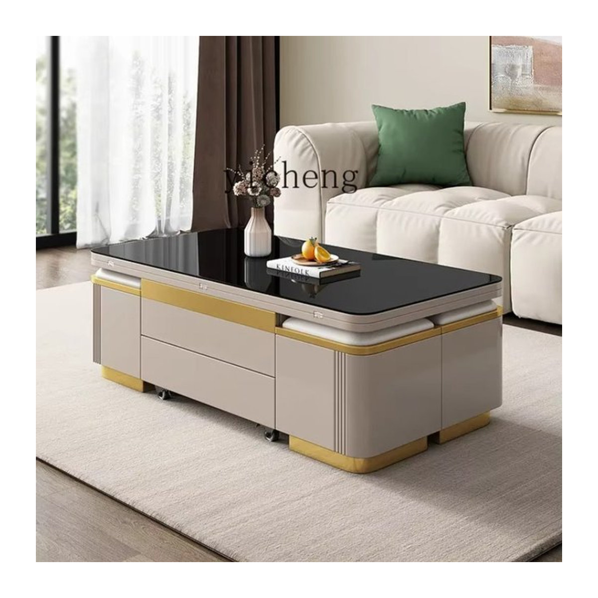 TQH Multifunktions-Couchtisch aus Glas in Schwarz oder Weiß, moderner rechteckiger Couchtisch mit klappbarer und anhebbarer Funktion - Bild 1