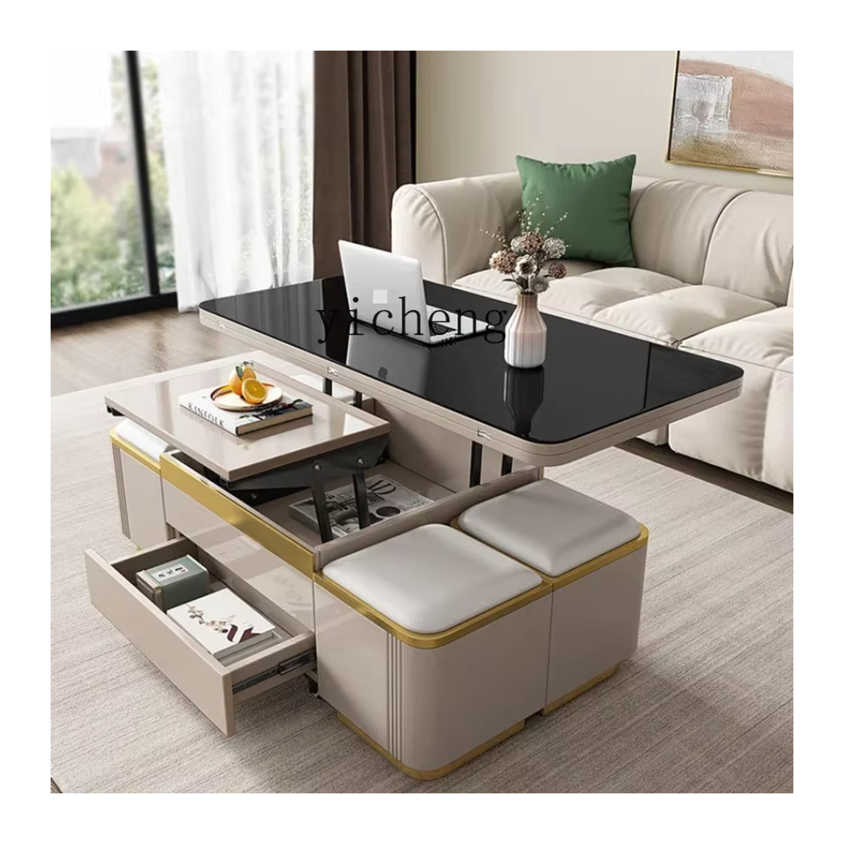 TQH Multifunktions-Couchtisch aus Glas in Schwarz oder Weiß, moderner rechteckiger Couchtisch mit klappbarer und anhebbarer Funktion - Bild 2