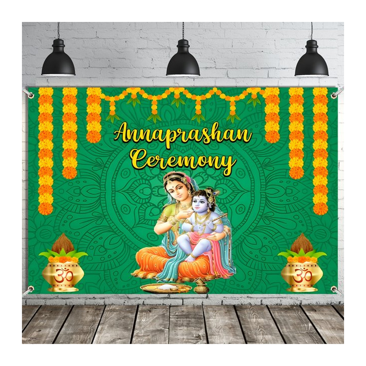 Traditionelles indisches Annaprashan-Zeremonie Banner für die erste Reiszeremonie und Pooja als hängende Baby-Dekoration in Grün und Mehrfarbig mit floralem und orientalischem Design - Bild 1