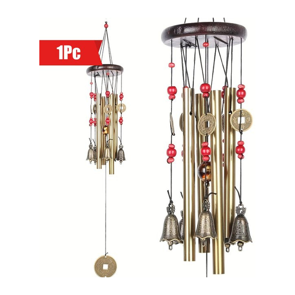 Traditionelles Windspiel aus Metall mit Bronze-Optik für Garten und Terrasse, geometrisches Design in Gold und Braun - Bild 1