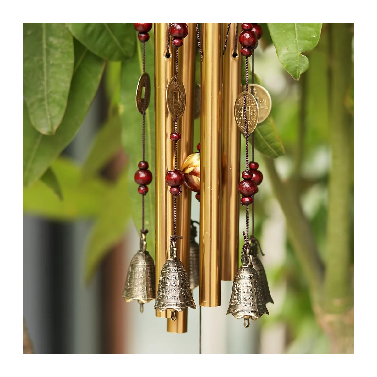 Traditionelles Windspiel aus Metall mit Bronze-Optik für Garten und Terrasse, geometrisches Design in Gold und Braun - Bild 5