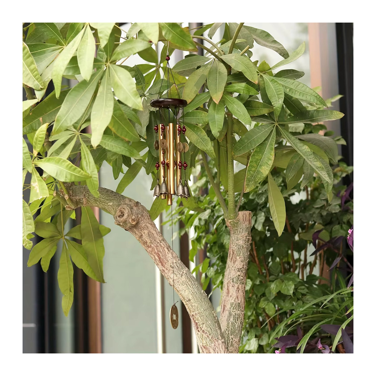 Traditionelles Windspiel aus Metall mit Bronze-Optik für Garten und Terrasse, geometrisches Design in Gold und Braun - Bild 6
