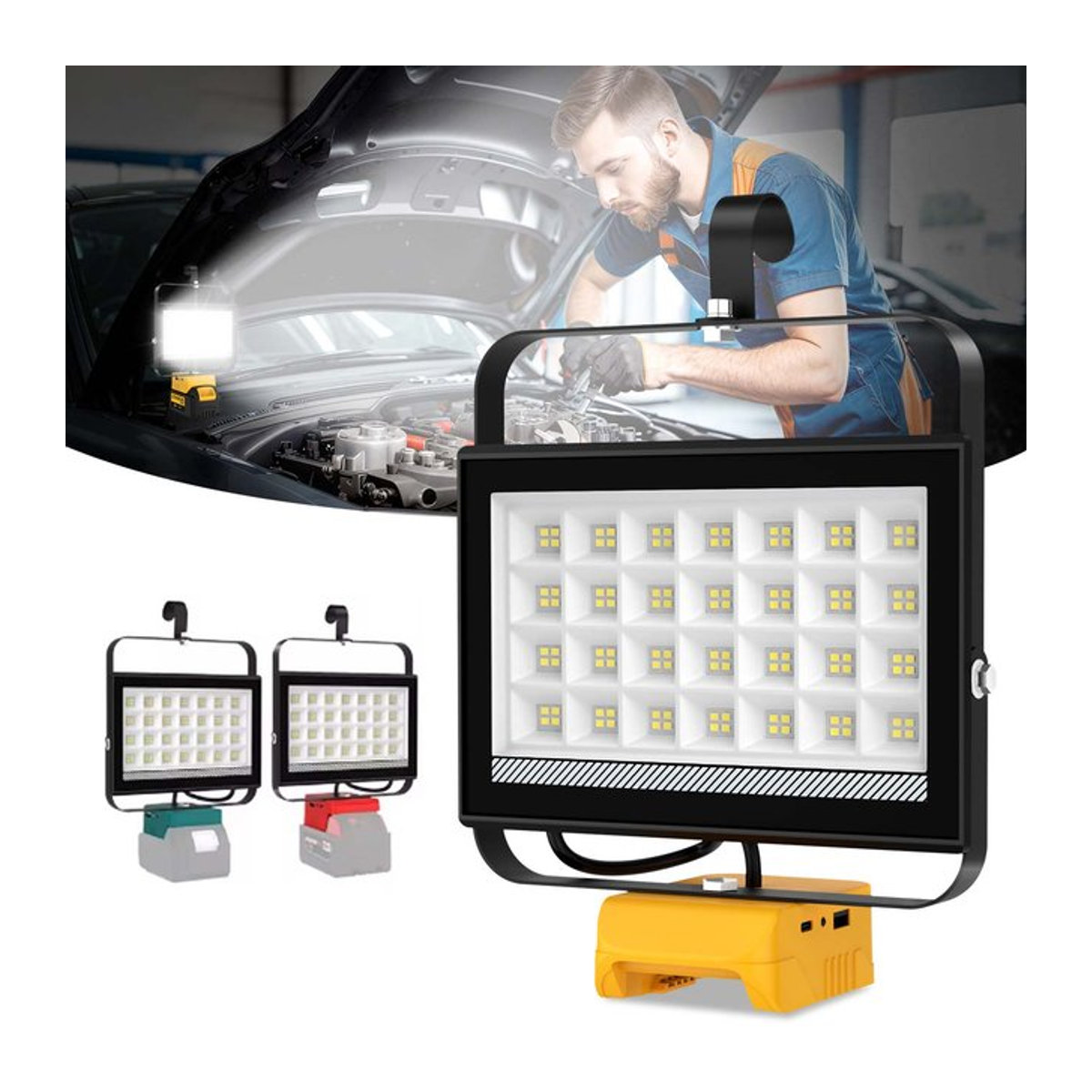 Tragbare Arbeitsleuchte mit Haken und 112 LEDs, 6500 Lumen wiederaufladbare Camping-Flutlichtlampe für Notfälle, kompatibel mit DeWalt und Makita - Bild 1